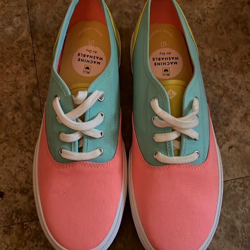 Multi-colored, never worn Sperrys